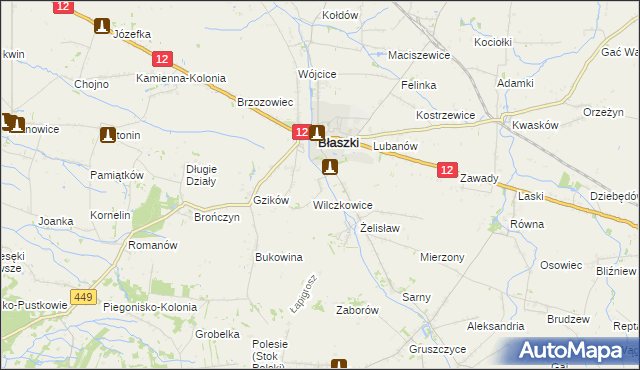 mapa Chrzanowice gmina Błaszki, Chrzanowice gmina Błaszki na mapie Targeo