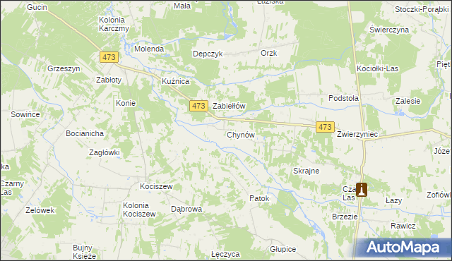 mapa Chynów gmina Drużbice, Chynów gmina Drużbice na mapie Targeo
