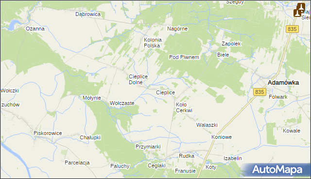 mapa Cieplice gmina Adamówka, Cieplice gmina Adamówka na mapie Targeo