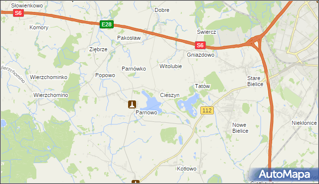 mapa Cieszyn gmina Biesiekierz, Cieszyn gmina Biesiekierz na mapie Targeo