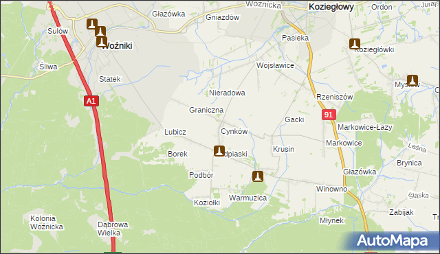 mapa Cynków gmina Koziegłowy, Cynków gmina Koziegłowy na mapie Targeo