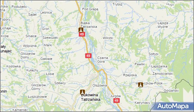 mapa Czarna Góra gmina Bukowina Tatrzańska, Czarna Góra gmina Bukowina Tatrzańska na mapie Targeo