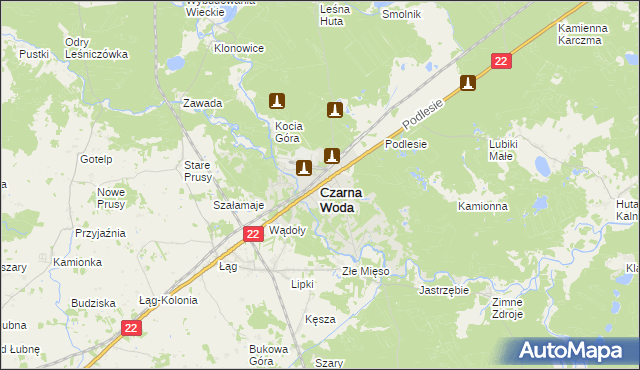 mapa Czarna Woda powiat starogardzki, Czarna Woda powiat starogardzki na mapie Targeo