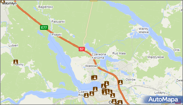 mapa Czerwona Karczma gmina Ostróda, Czerwona Karczma gmina Ostróda na mapie Targeo