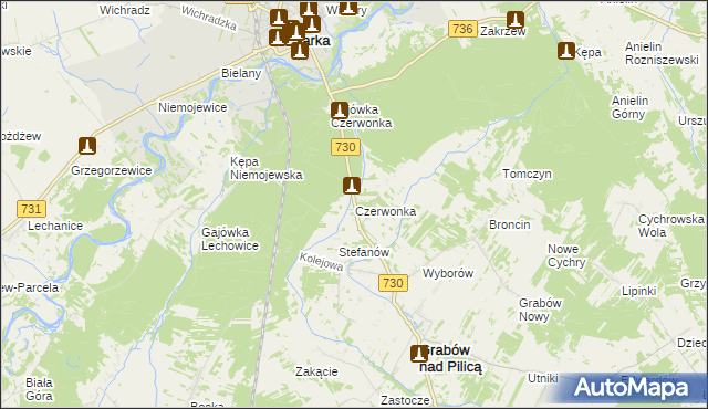 mapa Czerwonka gmina Grabów nad Pilicą, Czerwonka gmina Grabów nad Pilicą na mapie Targeo