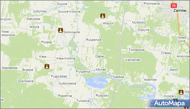 mapa Dąbie gmina Żarnów, Dąbie gmina Żarnów na mapie Targeo