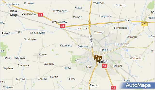 mapa Dąbrowa gmina Wieluń, Dąbrowa gmina Wieluń na mapie Targeo