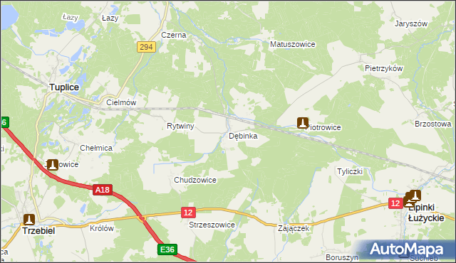 mapa Dębinka gmina Trzebiel, Dębinka gmina Trzebiel na mapie Targeo