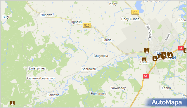 mapa Długołęka gmina Lidzbark Warmiński, Długołęka gmina Lidzbark Warmiński na mapie Targeo