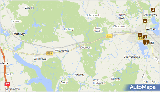 mapa Dobrocin gmina Małdyty, Dobrocin gmina Małdyty na mapie Targeo