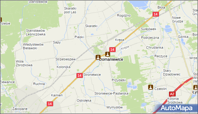 mapa Domaniewice powiat łowicki, Domaniewice powiat łowicki na mapie Targeo