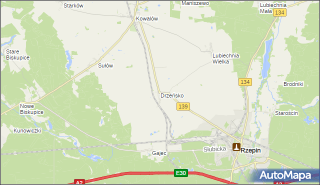 mapa Drzeńsko gmina Rzepin, Drzeńsko gmina Rzepin na mapie Targeo