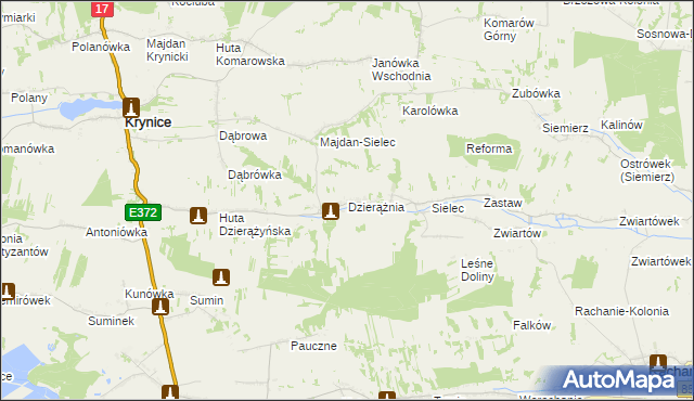 mapa Dzierążnia gmina Krynice, Dzierążnia gmina Krynice na mapie Targeo