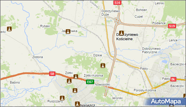 mapa Dzikie gmina Choroszcz, Dzikie gmina Choroszcz na mapie Targeo