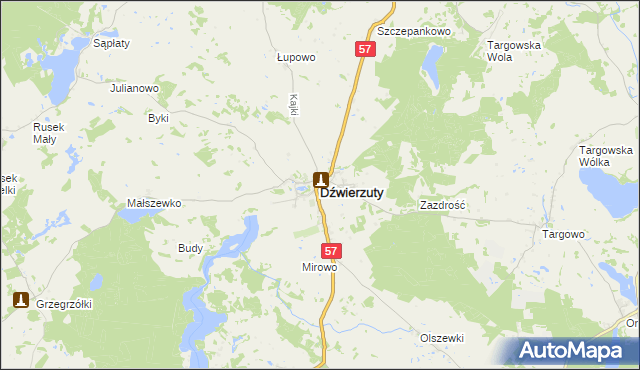 mapa Dźwierzuty, Dźwierzuty na mapie Targeo