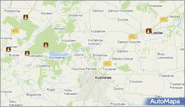 mapa Emilianów gmina Koźminek, Emilianów gmina Koźminek na mapie Targeo