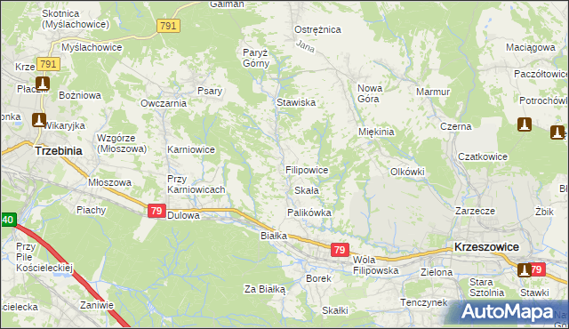 mapa Filipowice gmina Krzeszowice, Filipowice gmina Krzeszowice na mapie Targeo