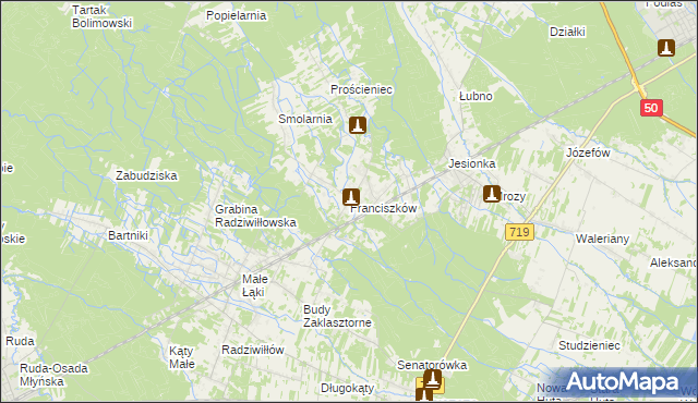 mapa Franciszków gmina Wiskitki, Franciszków gmina Wiskitki na mapie Targeo