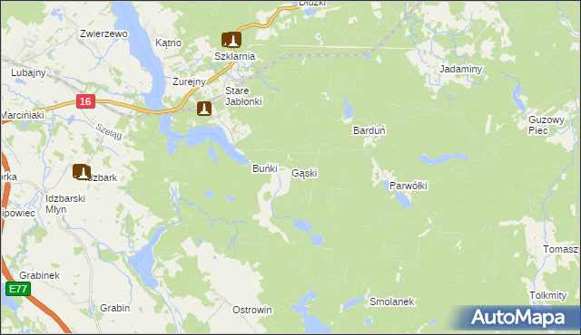 mapa Gąski gmina Ostróda, Gąski gmina Ostróda na mapie Targeo