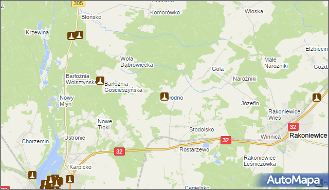 mapa Głodno gmina Rakoniewice, Głodno gmina Rakoniewice na mapie Targeo