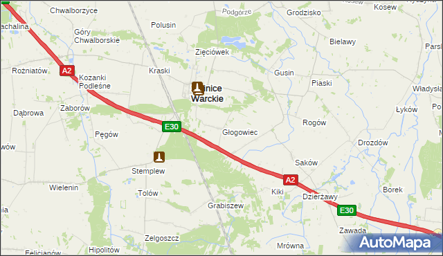 mapa Głogowiec gmina Świnice Warckie, Głogowiec gmina Świnice Warckie na mapie Targeo