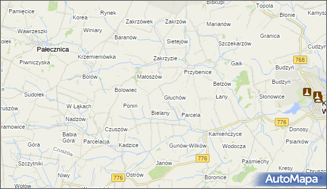mapa Głuchów gmina Kazimierza Wielka, Głuchów gmina Kazimierza Wielka na mapie Targeo