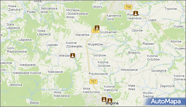 mapa Gorzków gmina Bogoria, Gorzków gmina Bogoria na mapie Targeo