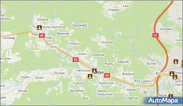 mapa Gostków gmina Bliżyn, Gostków gmina Bliżyn na mapie Targeo
