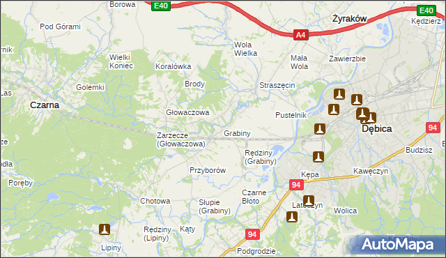 mapa Grabiny gmina Czarna, Grabiny gmina Czarna na mapie Targeo