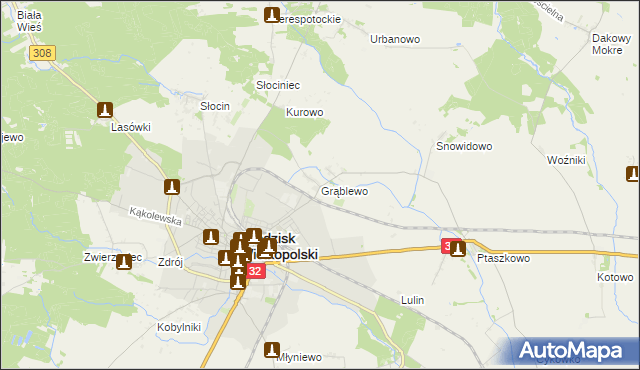 mapa Grąblewo gmina Grodzisk Wielkopolski, Grąblewo gmina Grodzisk Wielkopolski na mapie Targeo
