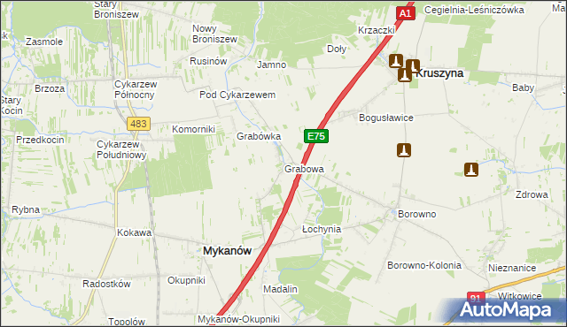 mapa Grabowa gmina Mykanów, Grabowa gmina Mykanów na mapie Targeo