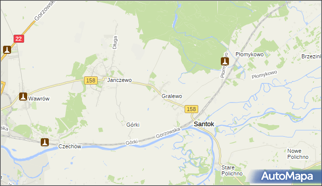 mapa Gralewo gmina Santok, Gralewo gmina Santok na mapie Targeo