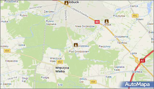 mapa Grodzisko gmina Wręczyca Wielka, Grodzisko gmina Wręczyca Wielka na mapie Targeo