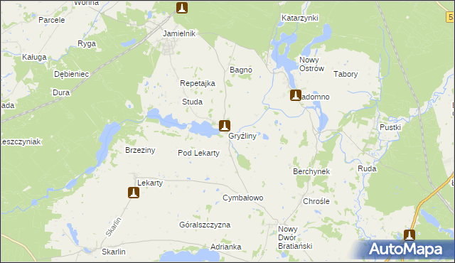 mapa Gryźliny gmina Nowe Miasto Lubawskie, Gryźliny gmina Nowe Miasto Lubawskie na mapie Targeo