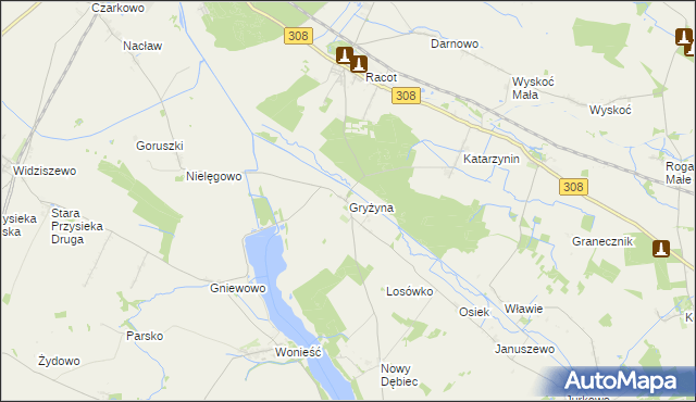 mapa Gryżyna gmina Kościan, Gryżyna gmina Kościan na mapie Targeo