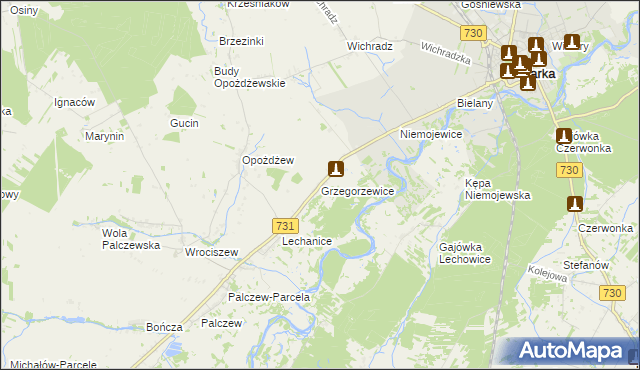mapa Grzegorzewice gmina Warka, Grzegorzewice gmina Warka na mapie Targeo