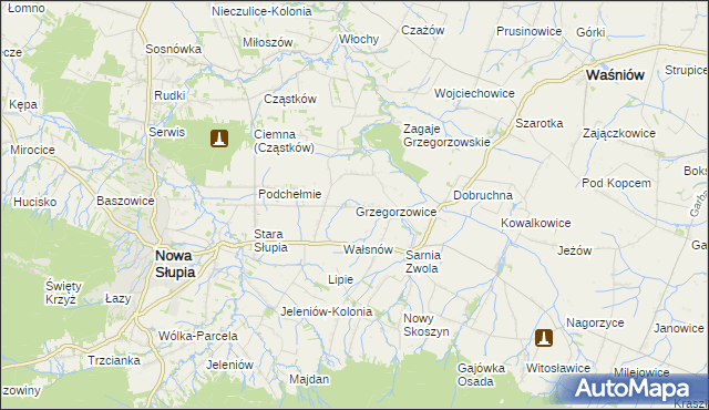mapa Grzegorzowice gmina Waśniów, Grzegorzowice gmina Waśniów na mapie Targeo