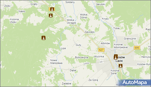 mapa Guty gmina Kosów Lacki, Guty gmina Kosów Lacki na mapie Targeo