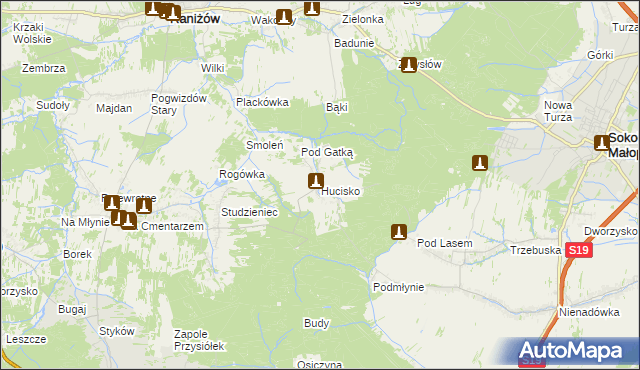 mapa Hucisko gmina Głogów Małopolski, Hucisko gmina Głogów Małopolski na mapie Targeo