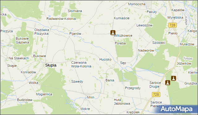 mapa Hucisko gmina Słupia Konecka, Hucisko gmina Słupia Konecka na mapie Targeo