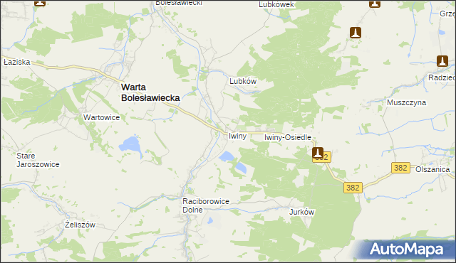mapa Iwiny gmina Warta Bolesławiecka, Iwiny gmina Warta Bolesławiecka na mapie Targeo