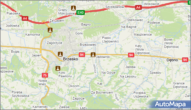 mapa Jadowniki gmina Brzesko, Jadowniki gmina Brzesko na mapie Targeo