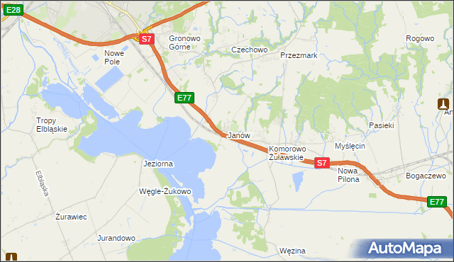 mapa Janów gmina Elbląg, Janów gmina Elbląg na mapie Targeo
