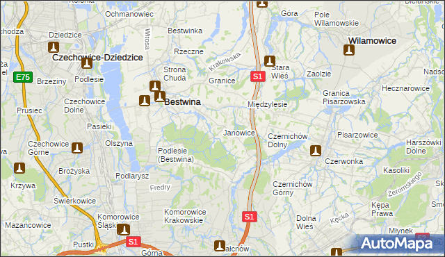 mapa Janowice gmina Bestwina, Janowice gmina Bestwina na mapie Targeo