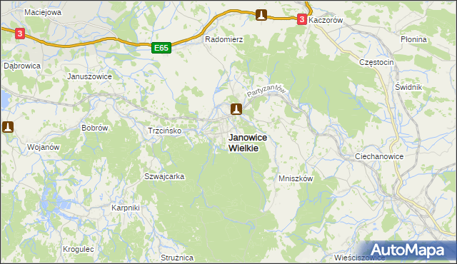 mapa Janowice Wielkie, Janowice Wielkie na mapie Targeo