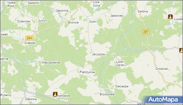 mapa Jaryszów gmina Jasień, Jaryszów gmina Jasień na mapie Targeo