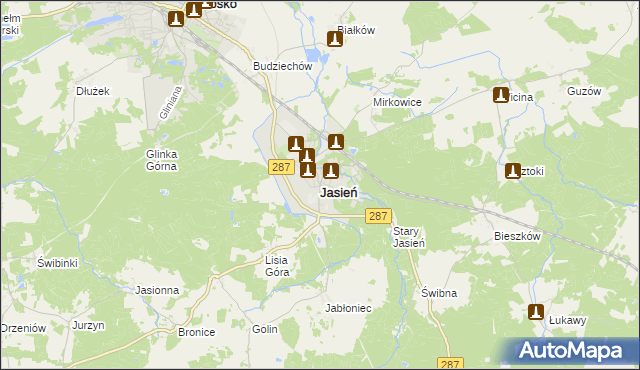 mapa Jasień powiat żarski, Jasień powiat żarski na mapie Targeo