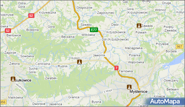 mapa Jawornik gmina Myślenice, Jawornik gmina Myślenice na mapie Targeo