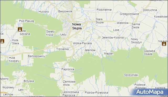 mapa Jeleniów gmina Nowa Słupia, Jeleniów gmina Nowa Słupia na mapie Targeo