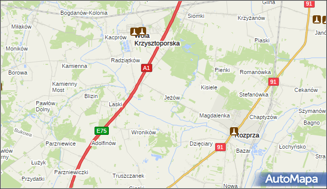 mapa Jeżów gmina Wola Krzysztoporska, Jeżów gmina Wola Krzysztoporska na mapie Targeo